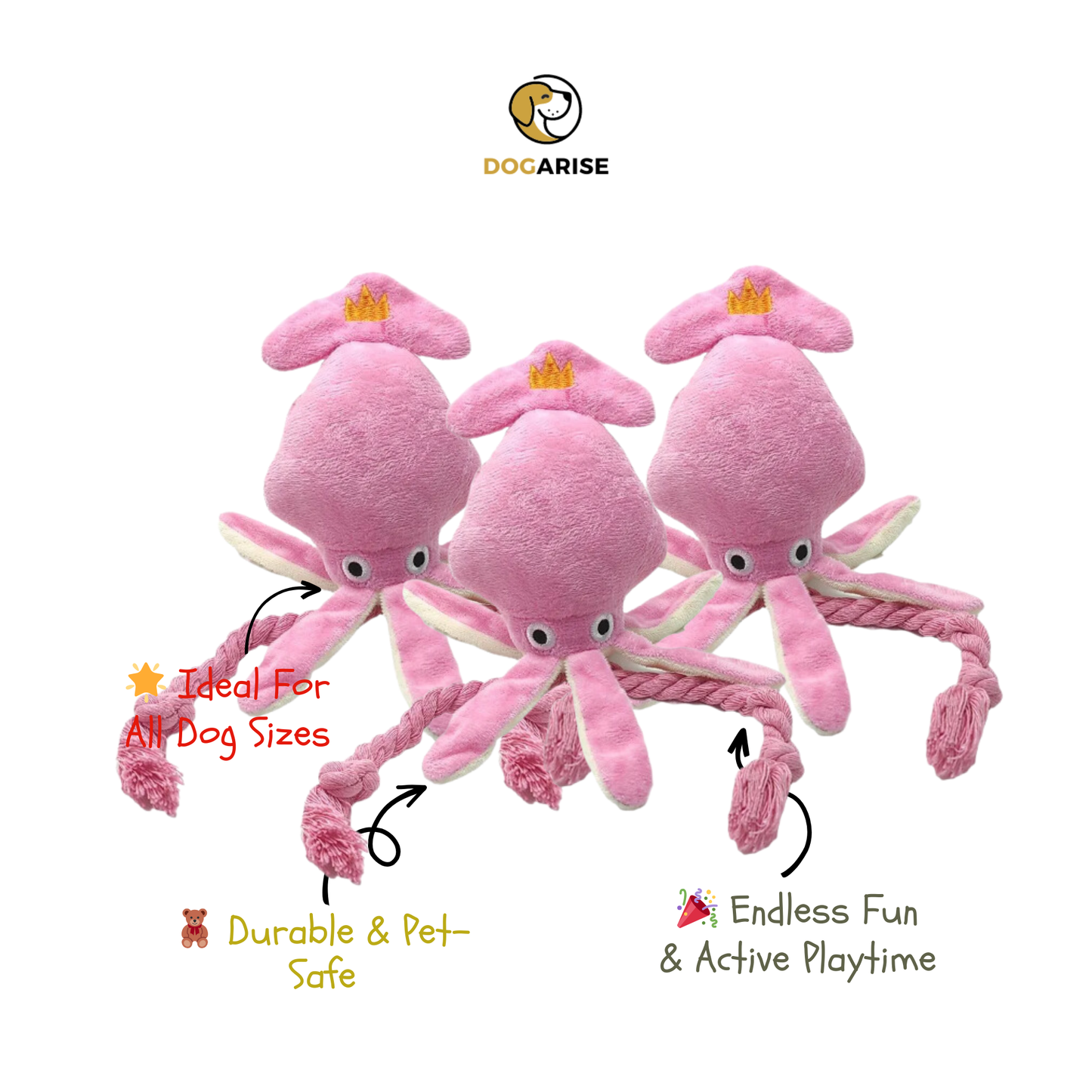 Pinky Squid Plush: Soft, Squeaky Squid Toy with Rope Legs