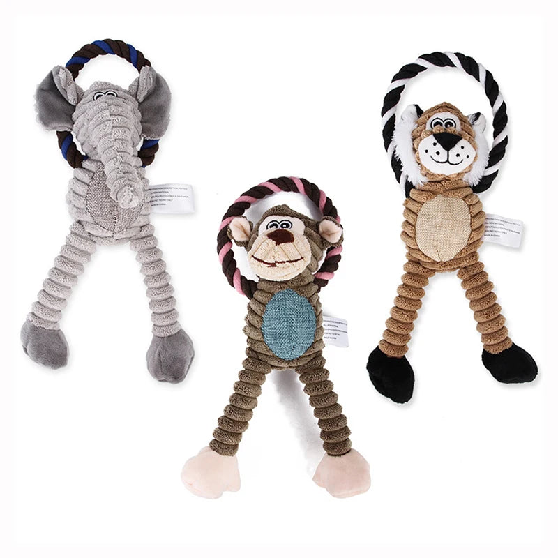 Cartoonster Animal Plush: Squeaky Animal Toy with Rope Ring For Dogs